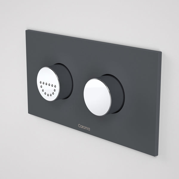 Caroma Invisi Series II round dual flush plate with raised care buttons, grey Afternoon Daze finish