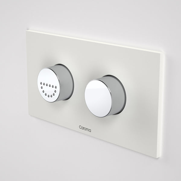 Caroma Invisi Series II round dual flush plate with raised care buttons, white concealed toilet buttons, front view