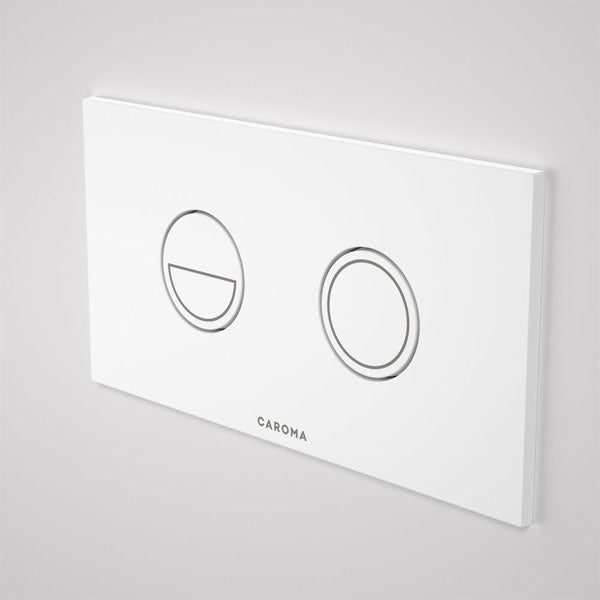 Caroma Invisi Series II round dual flush toilet button plate in white, with two circular buttons on a slim rectangular faceplate