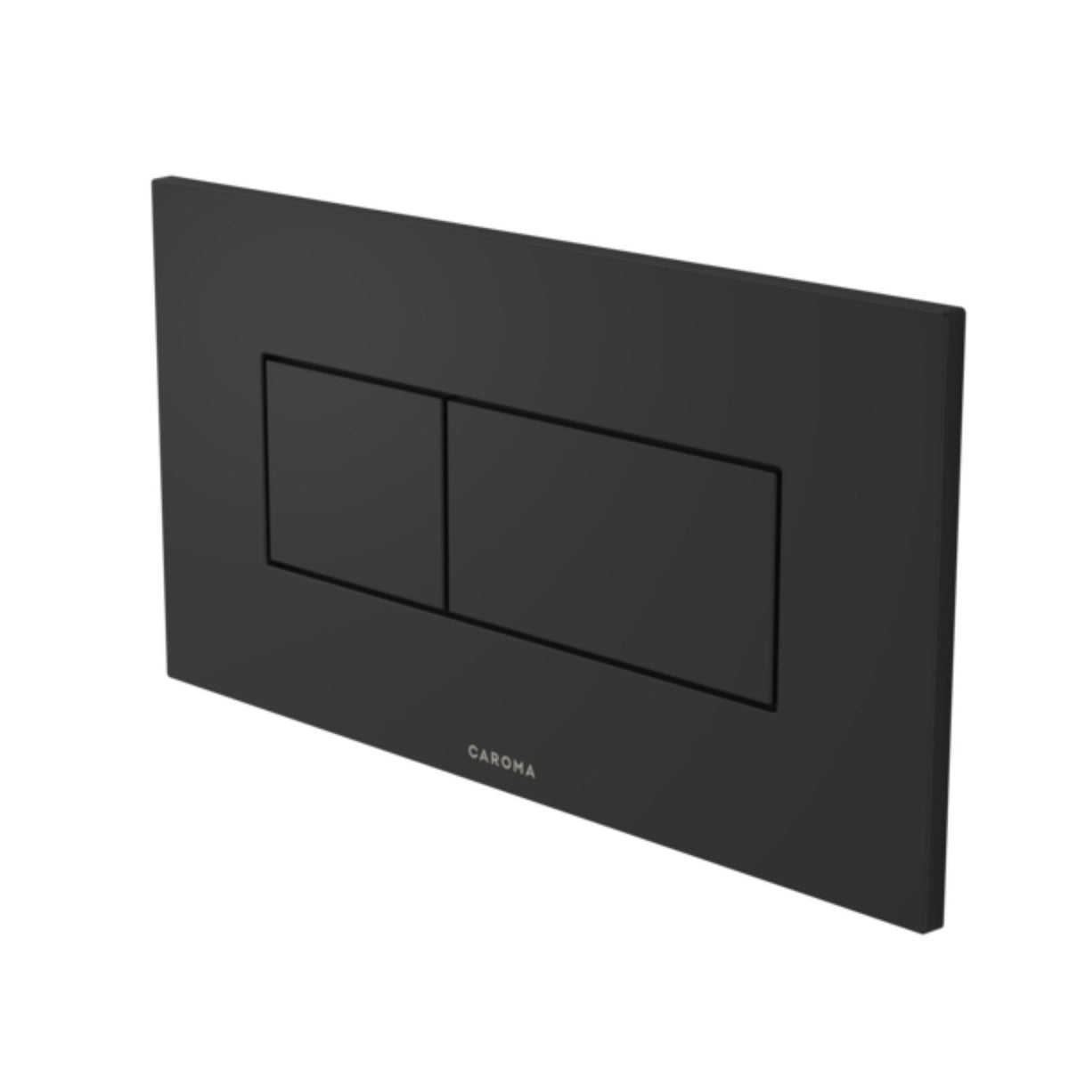 Caroma Invisi Series II rectangle dual flush plate and buttons in matte black, angled product view
