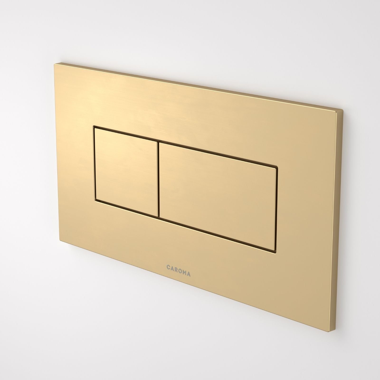 Caroma Invisi Series II rectangle dual flush plate and buttons in brushed brass finish, front view on white background