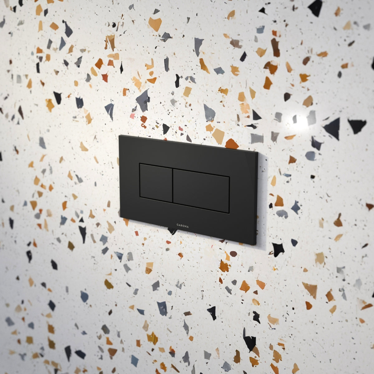 Caroma Invisi Series II matte black rectangular dual flush plate with buttons on patterned wall