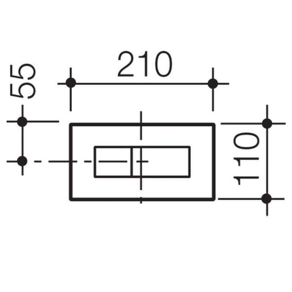 Caroma Invisi Series II rectangle dual flush plate and buttons, black technical drawing with 210 x 110mm dimensions