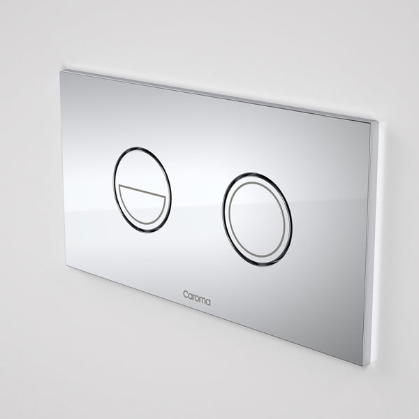 Caroma Invisi Series II round dual flush metal plate and buttons in chrome, shown front on against a white background