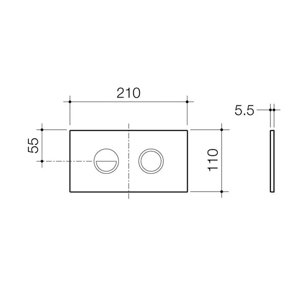 Caroma Invisi Series II round dual flush metal plate and buttons, light grey, technical drawing with dimensions