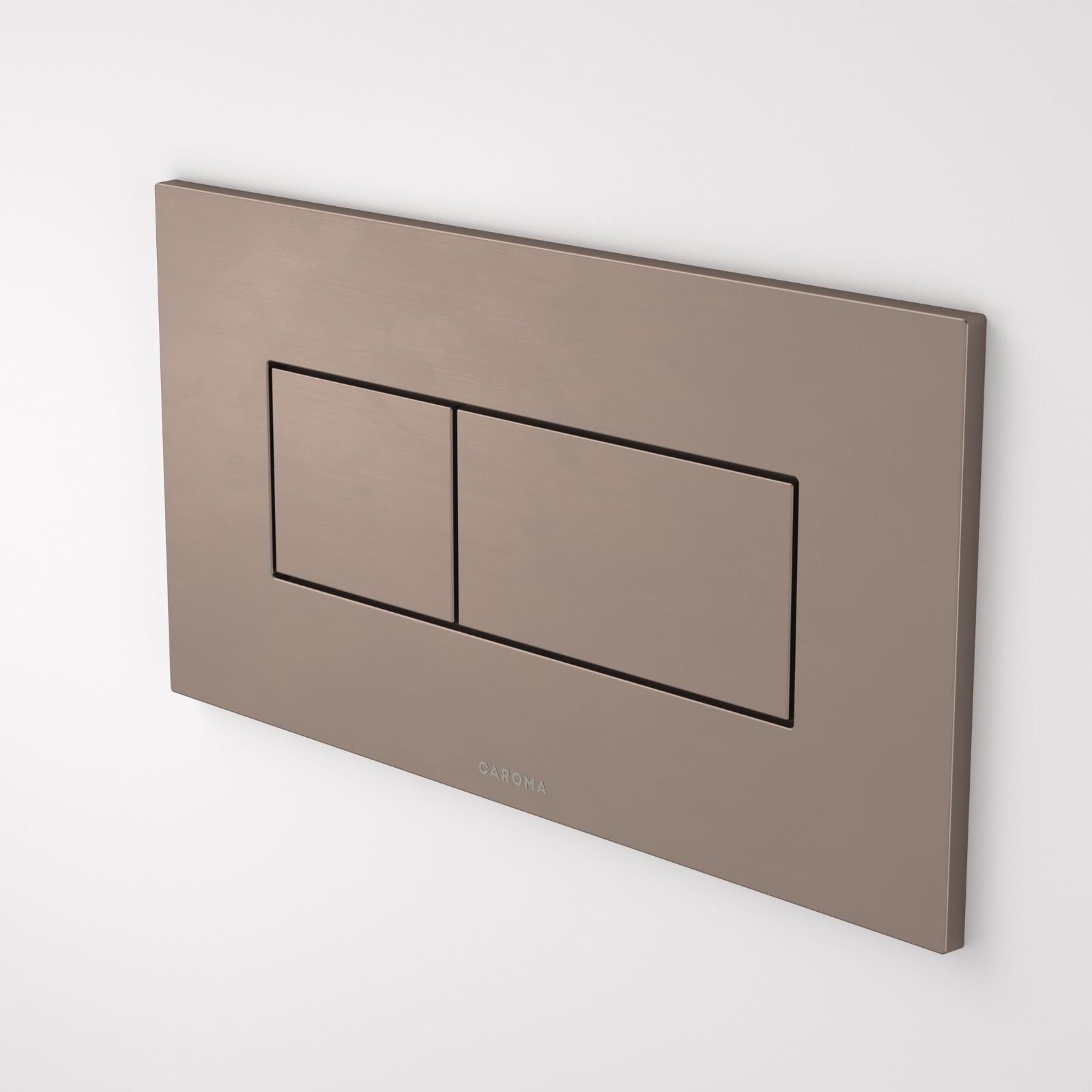 Caroma Invisi Series II rectangular dual flush plate and buttons in brushed bronze, wall-mounted on white background