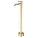 Caroma Liano II freestanding bath filler tap in brushed brass, floor mounted with curved spout and round base