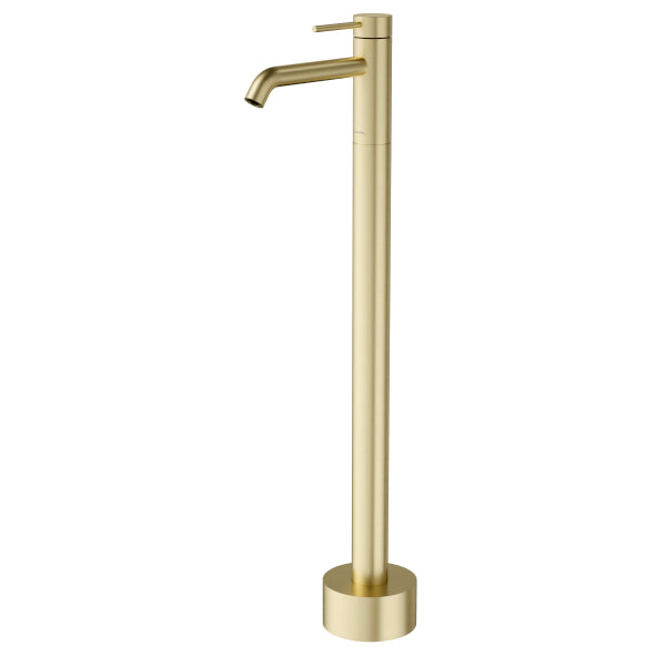 Caroma Liano II freestanding bath filler tap in brushed brass, floor mounted with curved spout and round base