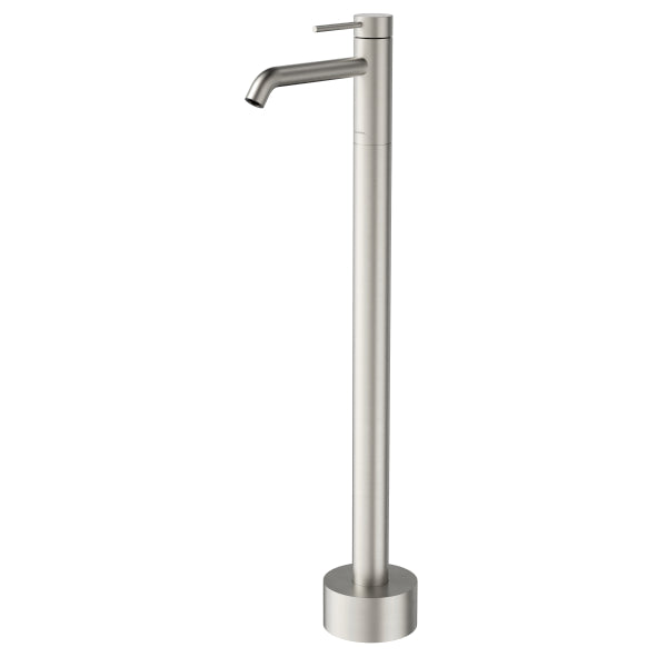 Caroma Liano II floor-mounted bath filler tap in brushed nickel, shown on white background