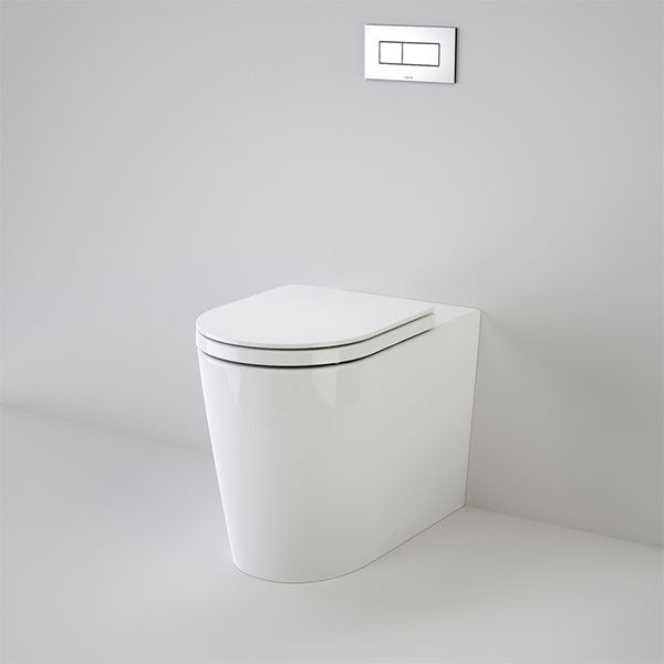 Caroma Liano wall faced toilet suite in gloss white with raised height pan and inwall dual-flush button on grey wall