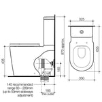 Caroma Liano Cleanflush® Easy Height back to wall toilet suite technical drawing, side and front views with dimensions in white.