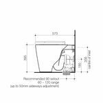 Caroma Liano wall-faced toilet pan technical drawing with dimensions and concealed cistern inlet details, white line drawing