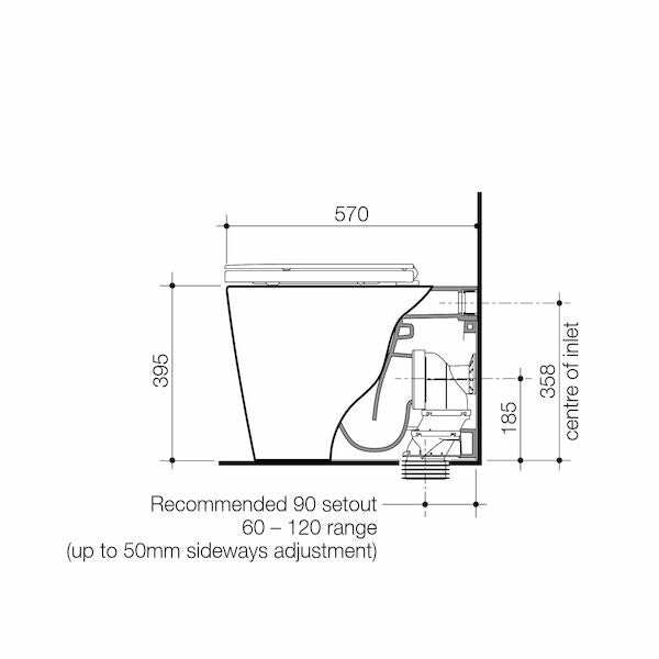 Caroma Liano wall-faced toilet pan technical drawing with dimensions and concealed cistern inlet details, white line drawing