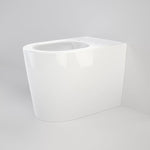 Caroma Liano wall-faced toilet pan in white, angled front view, with smooth rounded vitreous china design