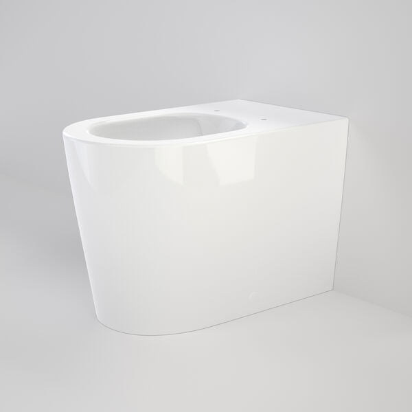 Caroma Liano wall-faced toilet pan in white, angled front view, with smooth rounded vitreous china design