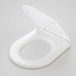 Caroma Liano toilet seat in white, open on a grey background, shown in a top angled view with soft-close hinge