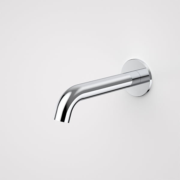 Caroma Liano II wall-mounted basin/bath outlet in polished chrome, slim curved spout shown on a white background
