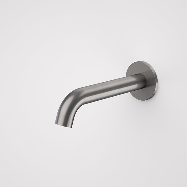 Caroma Liano II wall-mounted basin/bath spout in gunmetal, shown in a fixed side view with round backplate