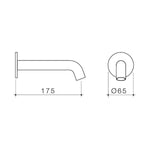 Caroma Liano II chrome wall-mounted basin/bath spout, technical drawing showing 175mm projection and Ø65mm face diameter