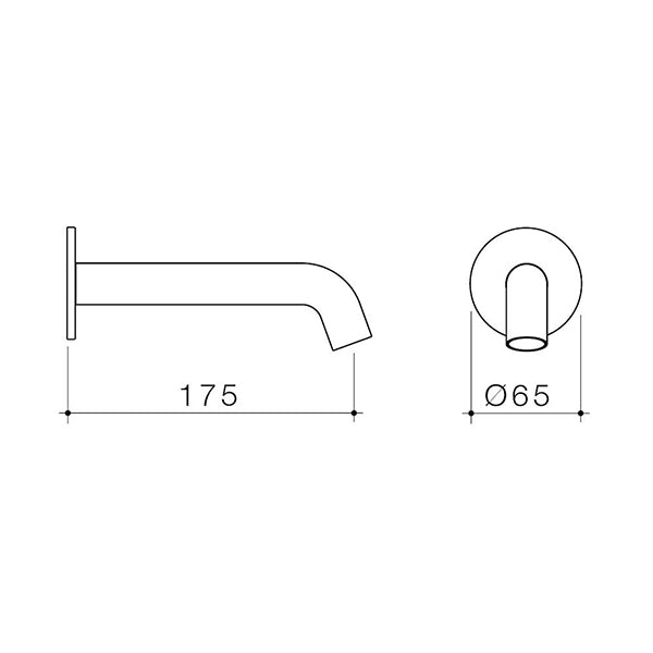 Caroma Liano II chrome wall-mounted basin/bath spout, technical drawing showing 175mm projection and Ø65mm face diameter