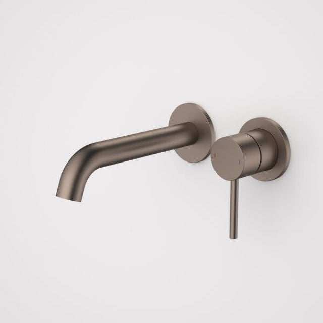 Caroma Liano II wall basin/bath mixer in brushed bronze with separate backplate, wall mounted, side view