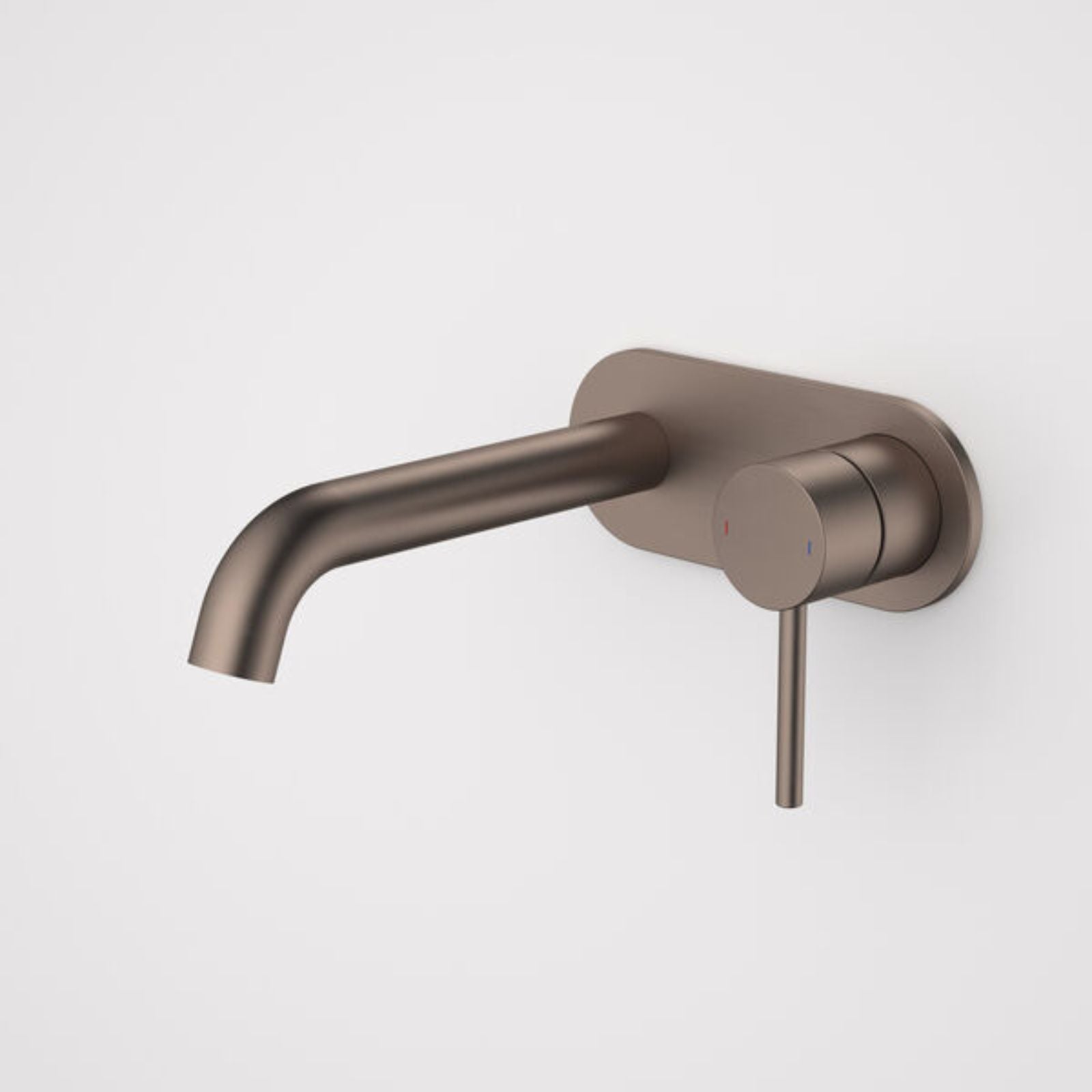 Caroma Liano II wall basin/bath mixer in brushed bronze with round plate and single lever handle on white background