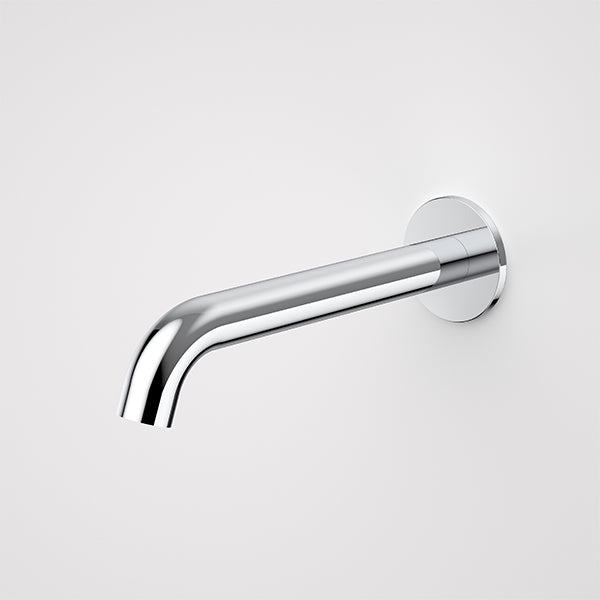 Caroma Liano II chrome wall-mounted basin/bath outlet spout with round backplate, side view