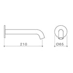 Caroma Liano II chrome wall-mounted basin/bath outlet technical drawing, 210mm projection and Ø65mm faceplate
