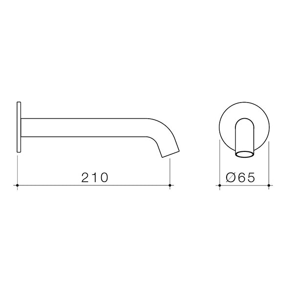 Caroma Liano II chrome wall-mounted basin/bath outlet technical drawing, 210mm projection and Ø65mm faceplate
