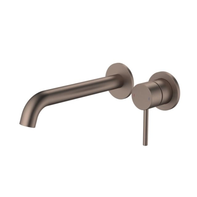 Caroma Liano II wall basin/bath mixer in brushed bronze with separate backplate, shown front-on