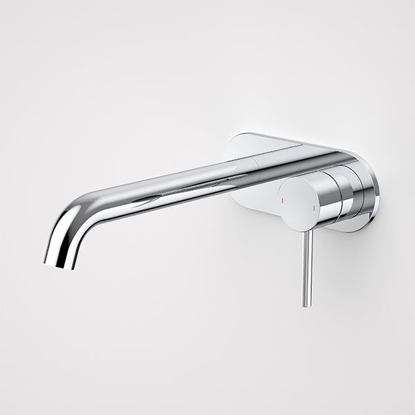 Caroma Liano II chrome wall basin/bath mixer set with round plate and slim lever handle