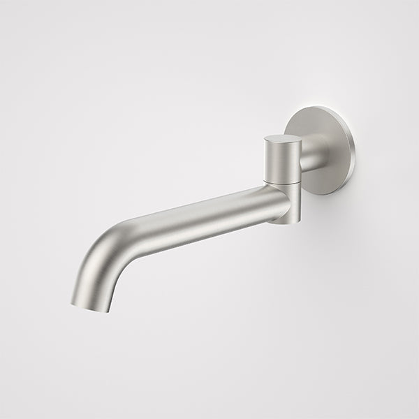 Caroma Liano II wall-mounted bath swivel outlet in brushed nickel, slim curved spout with round backplate