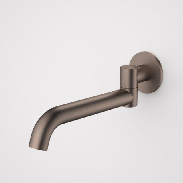 Caroma Liano II round bath swivel outlet in brushed bronze, wall-mounted with 220mm spout