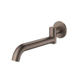 Caroma Liano II round bath swivel outlet in brushed bronze, wall mounted with 220mm curved spout and round backplate