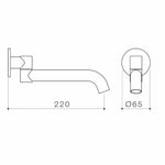 Caroma Liano II round bath swivel outlet technical drawing, 220mm reach, brushed bronze, Ø65mm wall plate
