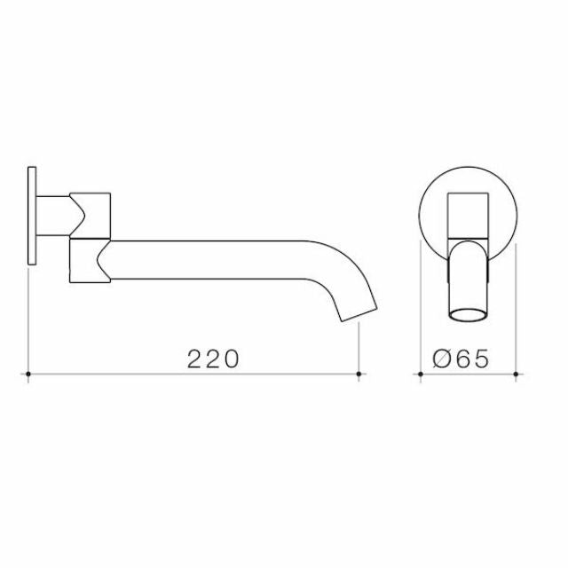 Caroma Liano II round bath swivel outlet technical drawing, 220mm reach, brushed bronze, Ø65mm wall plate