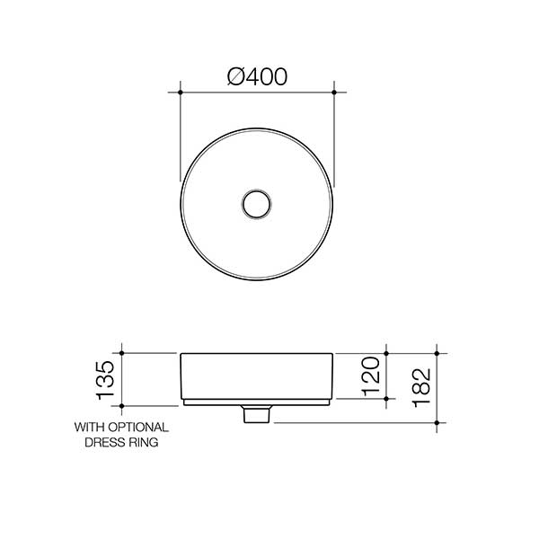 Caroma Liano II round above counter basin technical drawing, showing 400mm diameter and 135mm height with optional dress ring