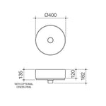Caroma Liano II round above counter basin technical drawing, 400mm diameter, with dimensions shown in plan and side view