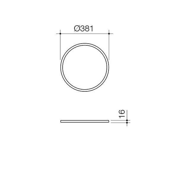 Caroma Liano II round above counter basin technical drawing, showing Ø381mm top view and 16mm side profile, white line sketch