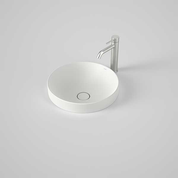 Caroma Liano II round inset basin in matte white, 400mm, with matching pop-up waste and tap shown