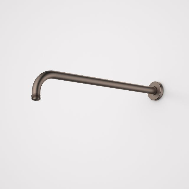 Caroma 415mm right angled shower arm in brushed bronze, wall-mounted with round plate