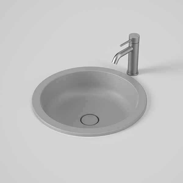 Caroma Liano II round matte grey basin with matching ceramic pop-up waste and tap, shown in an above-counter view
