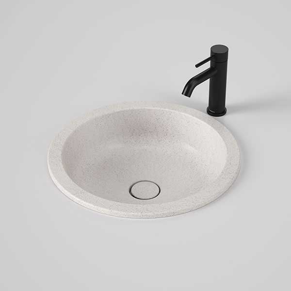 Caroma Liano II round under counter basin in matte speckled white with matching pop-up waste, shown with black tap