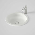 Caroma Liano II round matte white under/over counter basin with ceramic pop-up waste and tap hole visible