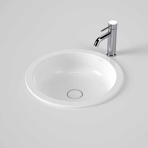 Caroma Liano II round white under/over counter bathroom basin with tap and plug waste