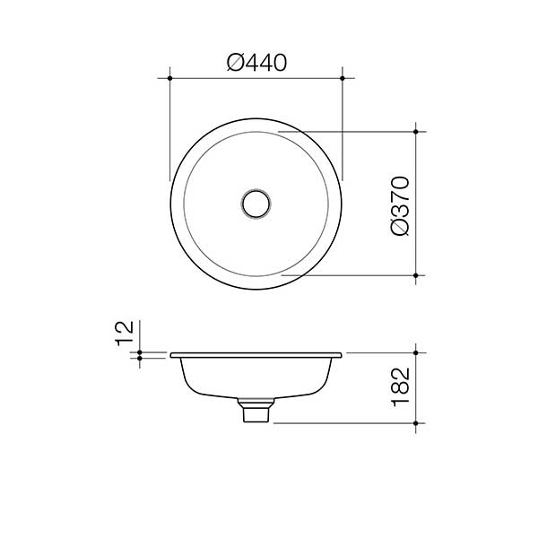 Caroma Liano II round under/over counter basin technical drawing, white ceramic, 440mm diameter with dimensions shown