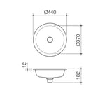 Caroma Liano II round under/over counter basin technical drawing, Matte Green, Ø440mm with dimensions shown