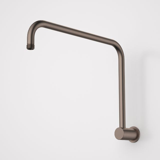 Caroma upswept shower arm in brushed bronze, wall-mounted with curved 460mm profile and threaded end