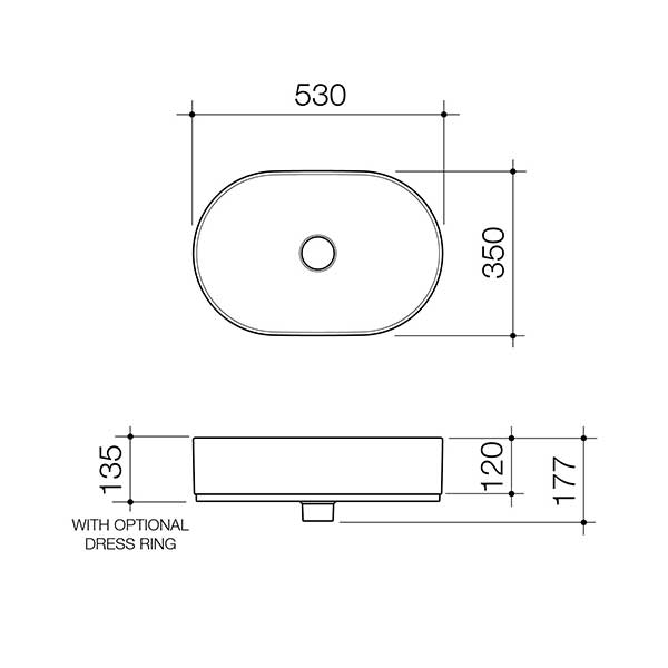 Caroma Liano II pill above counter basin technical drawing, Matte White, oval, 530 x 350mm, front and top views with dimensions