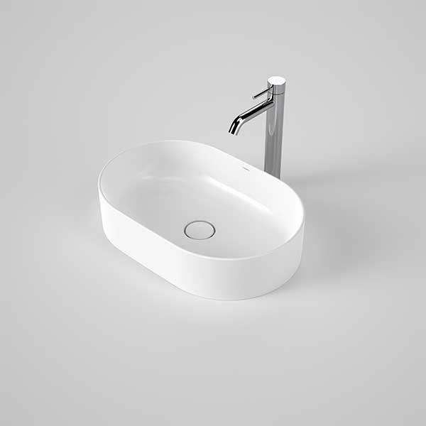 Caroma Liano II white oval above counter basin with thin rim and tapware, shown on a grey background